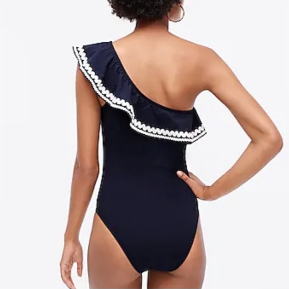 NWT J. Crew One-Shoulder Ruffle One Piece Swimsuit Navy & White sz 8 - Picture 2 of 8